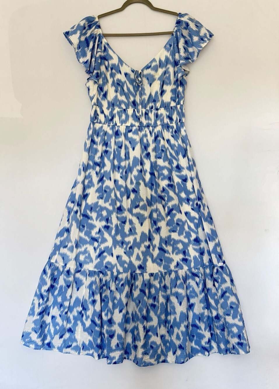 Nine West Blue White Ruffle Flutter Sleeve Tiered Midi‎ Dress Size L